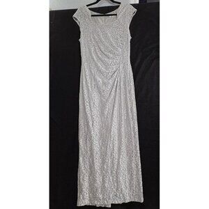 NWT TAHARI Women Silver Glitter Sequin Lace Maxi Sleeve Gown Dress Sz 10 9a-6